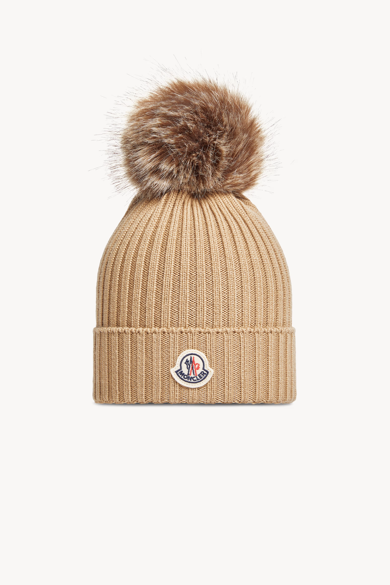 Wool Beanie with Pom Pom Girl Beige Moncler 0